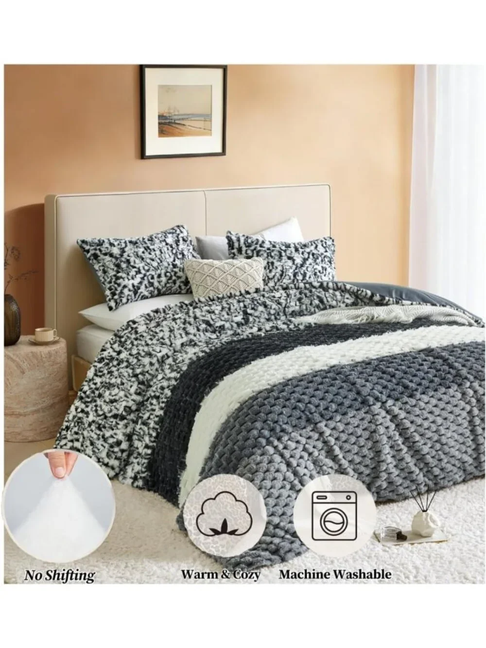 Cozy Black & White Striped Fluffy King Comforter Set - Ultra-Soft Faux Fur